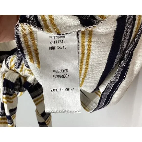 doe And Rae Multicolor Strip Top Black White Tan Ruffed Cuffs Women’s - Picture 5 of 9